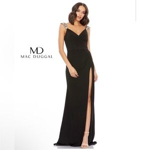 Mac Duggal Jeweled Floral Strap High Slit Black Maxi Dress Size 0 Stretch 77830